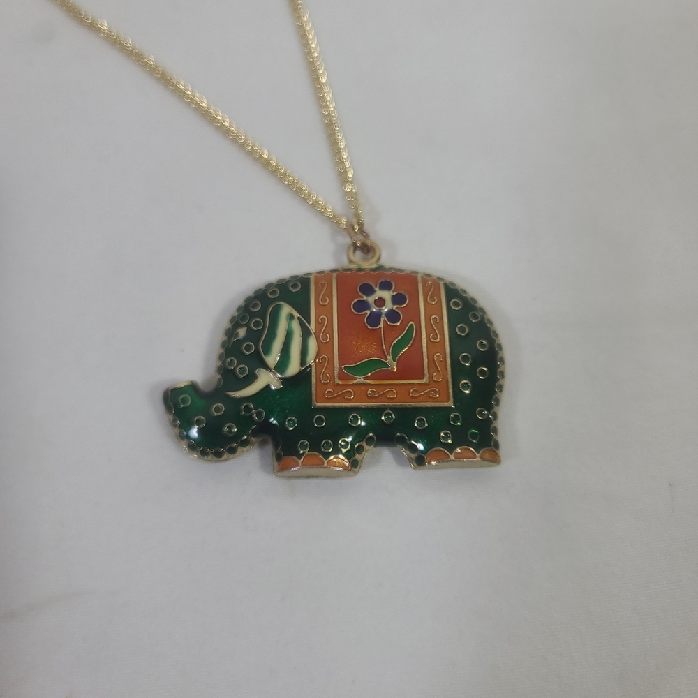 Vintage Cloisonné Orange Green Enamel Elephant Pendant Necklace